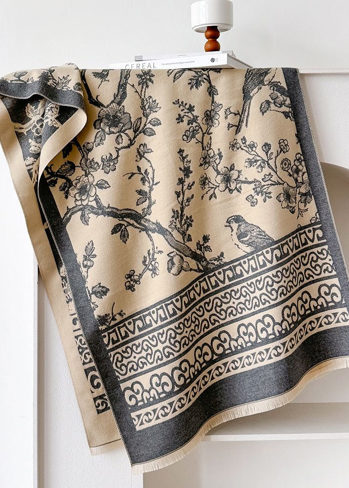 Bird & Blossom Print Scarf with Ornamental Border