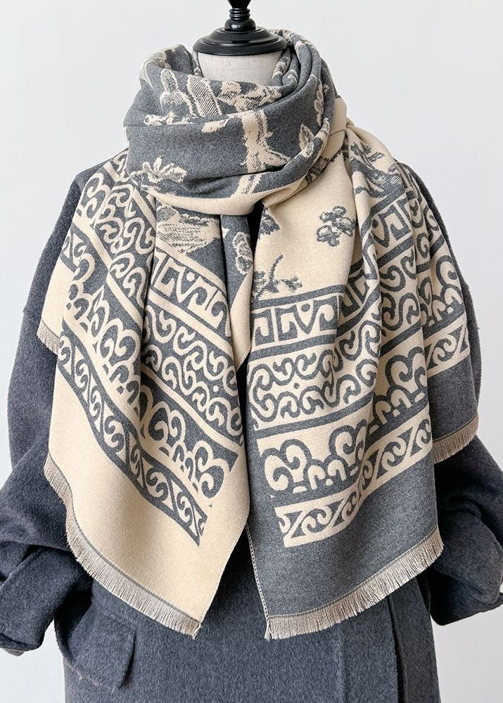 Bird & Blossom Print Scarf with Ornamental Border