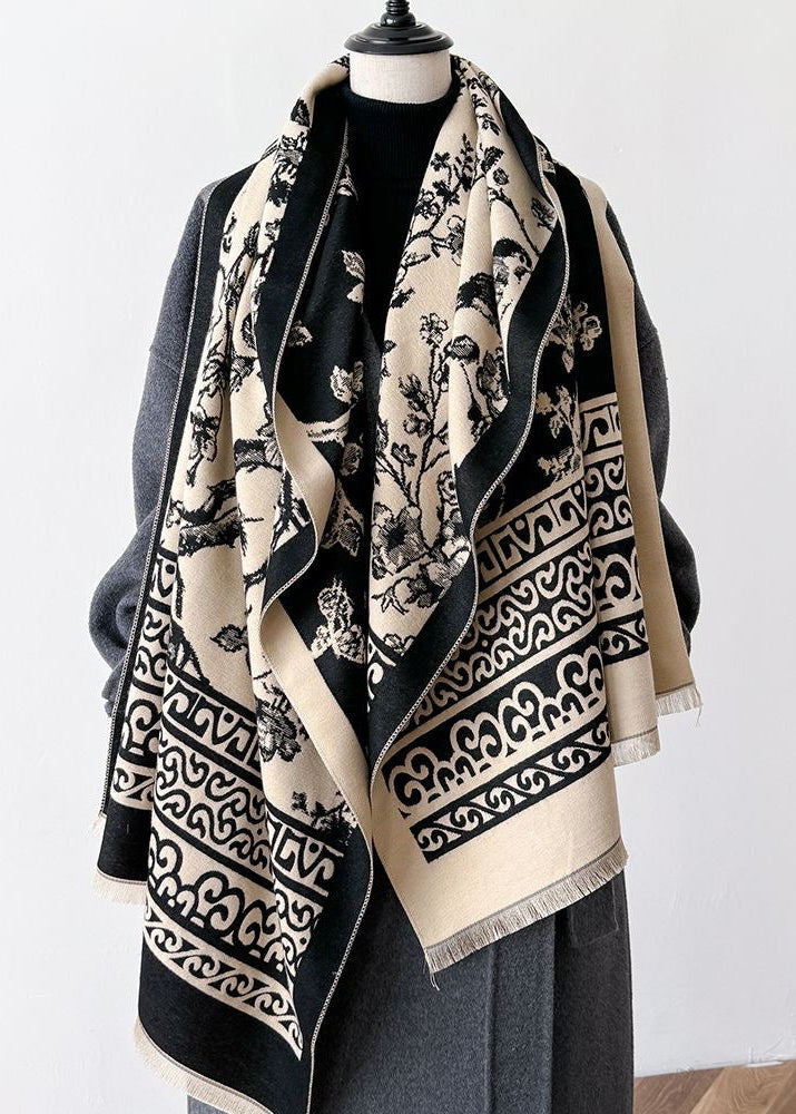 Bird & Blossom Print Scarf with Ornamental Border