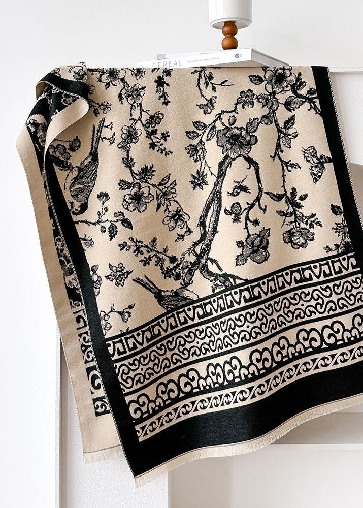 Bird & Blossom Print Scarf with Ornamental Border
