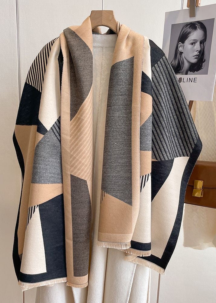 Geometric Colorblock Scarf with Striped Panels and Fringe Trim