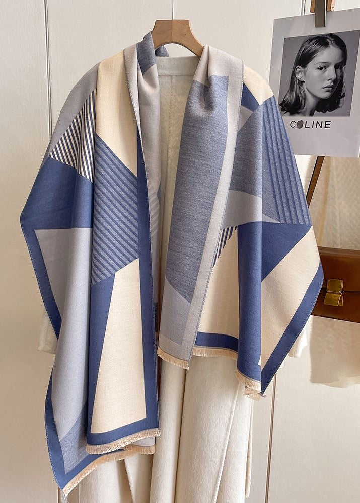 Geometric Colorblock Scarf with Striped Panels and Fringe Trim