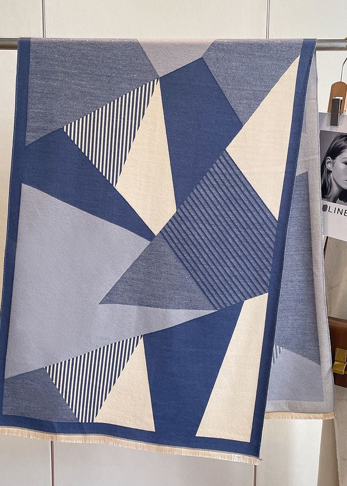 Geometric Colorblock Scarf with Striped Panels and Fringe Trim