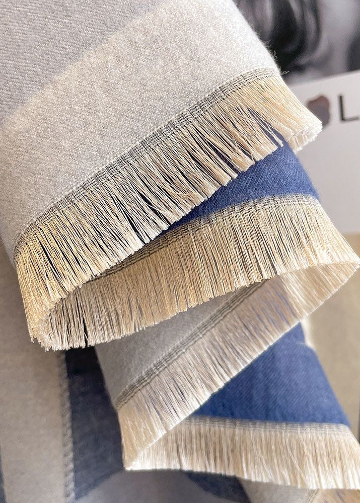 Geometric Colorblock Scarf with Striped Panels and Fringe Trim