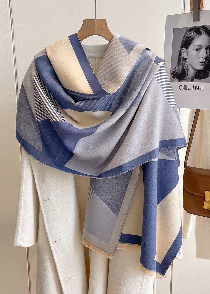 Geometric Colorblock Scarf with Striped Panels and Fringe Trim