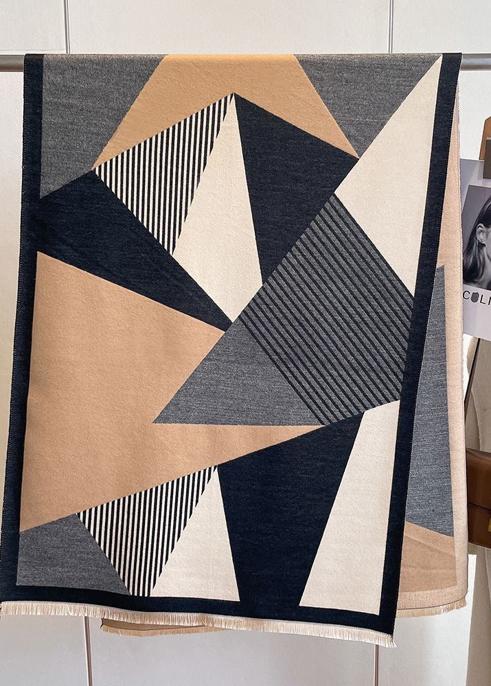Geometric Colorblock Scarf with Striped Panels and Fringe Trim