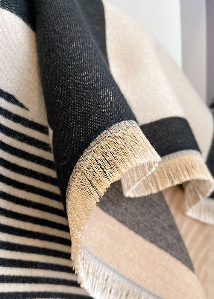 Geometric Colorblock Scarf with Striped Panels and Fringe Trim