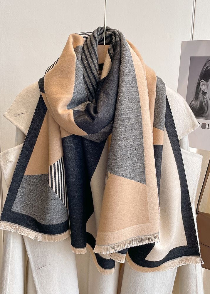 Geometric Colorblock Scarf with Striped Panels and Fringe Trim