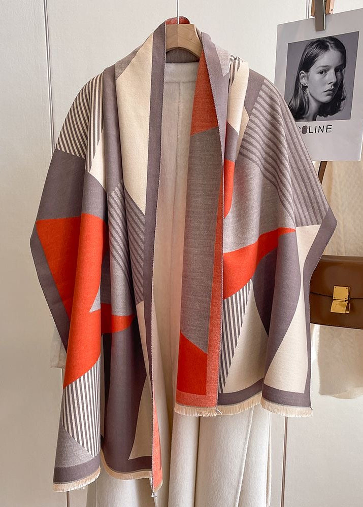 Geometric Colorblock Scarf with Striped Panels and Fringe Trim