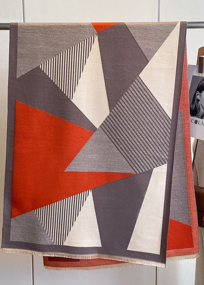 Geometric Colorblock Scarf with Striped Panels and Fringe Trim