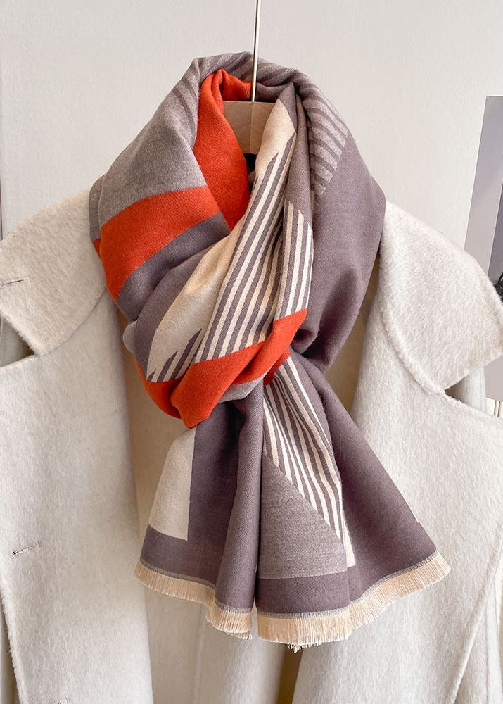 Geometric Colorblock Scarf with Striped Panels and Fringe Trim
