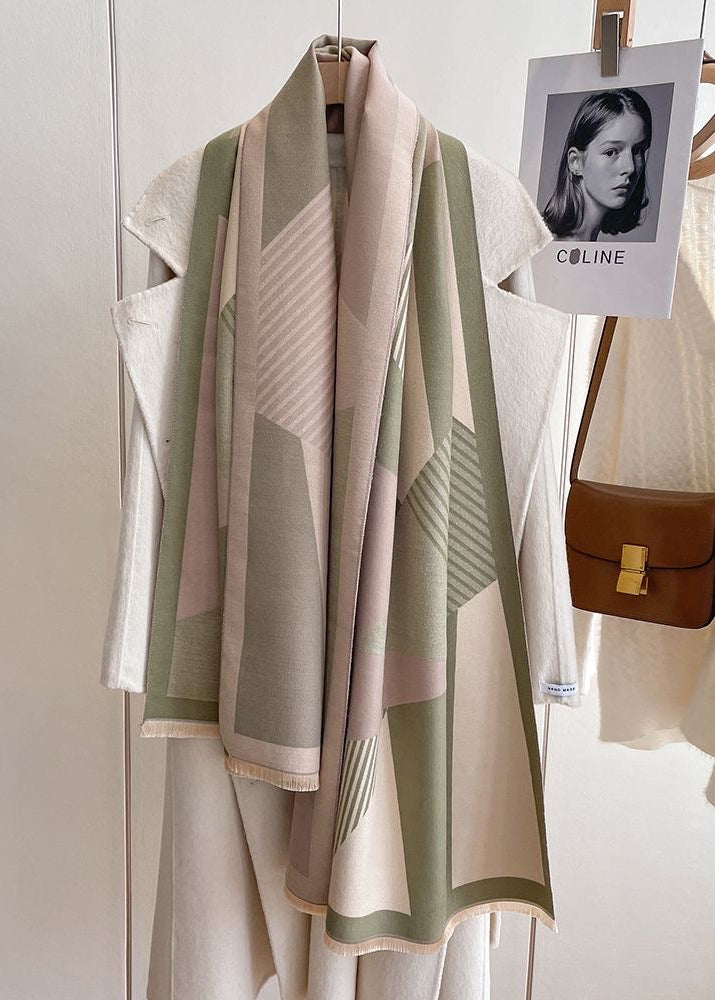 Geometric Colorblock Scarf with Striped Panels and Fringe Trim
