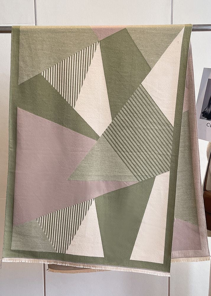 Geometric Colorblock Scarf with Striped Panels and Fringe Trim