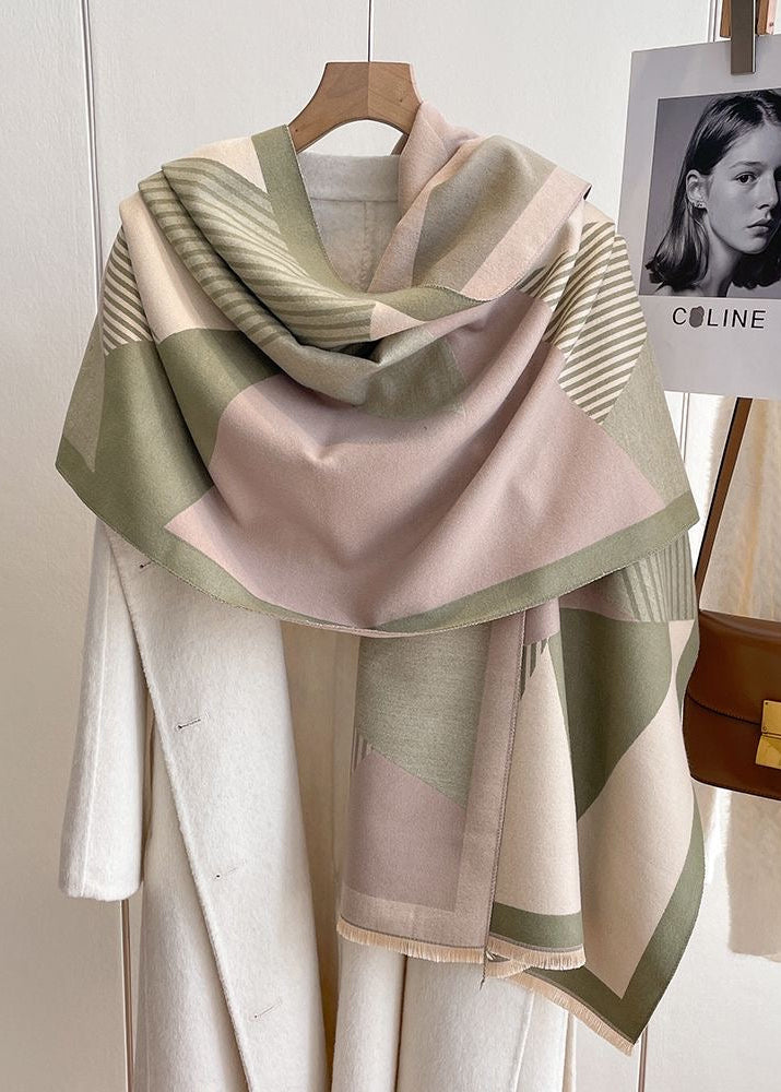 Geometric Colorblock Scarf with Striped Panels and Fringe Trim