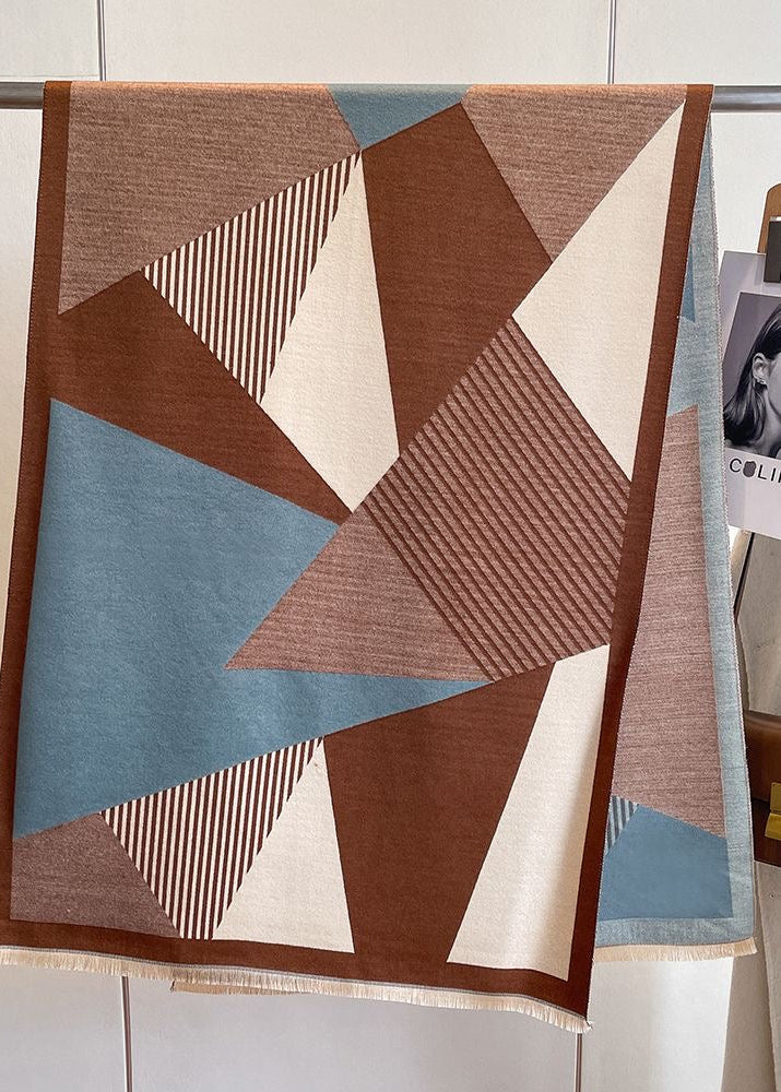 Geometric Colorblock Scarf with Striped Panels and Fringe Trim