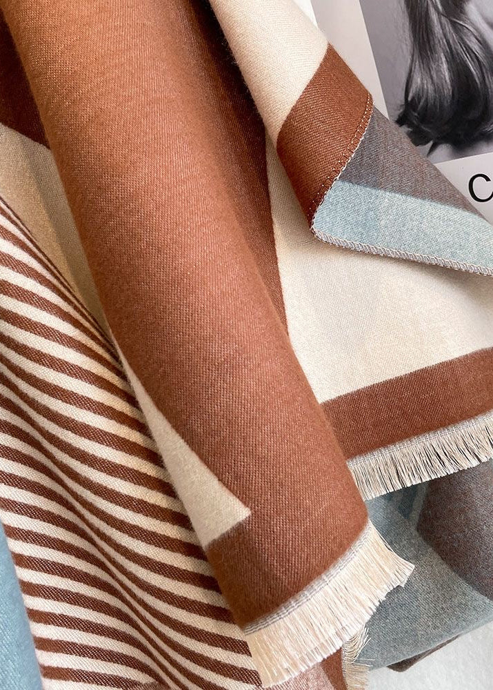 Geometric Colorblock Scarf with Striped Panels and Fringe Trim