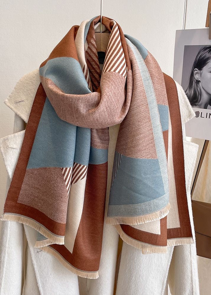 Geometric Colorblock Scarf with Striped Panels and Fringe Trim