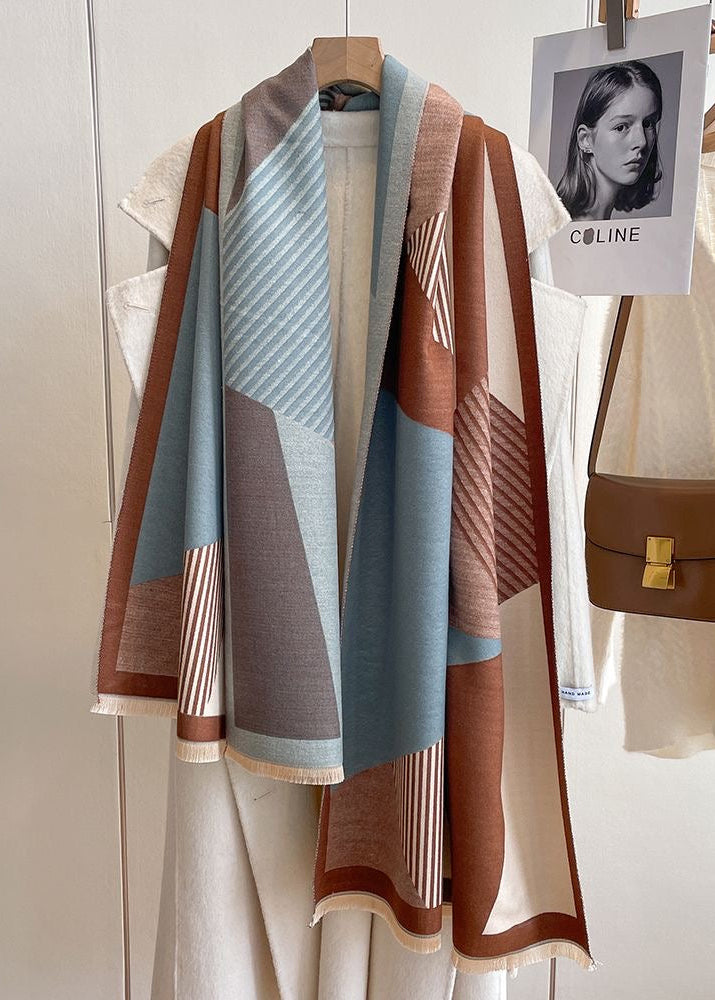 Geometric Colorblock Scarf with Striped Panels and Fringe Trim