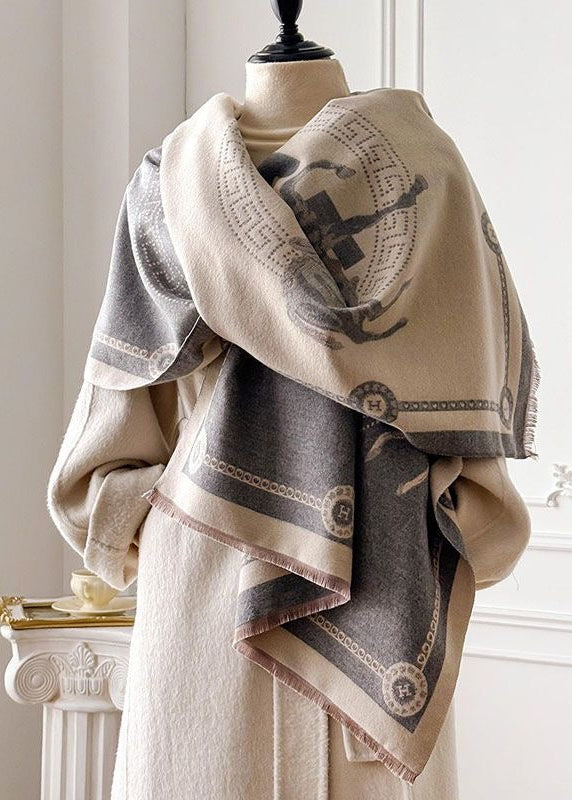 Black & Ivory Equestrian Print Faux Cashmere Scarf with Fringe