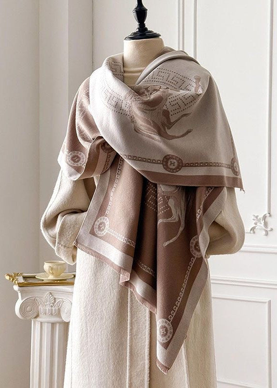 Black & Ivory Equestrian Print Faux Cashmere Scarf with Fringe