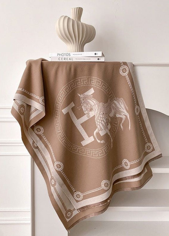Black & Ivory Equestrian Print Faux Cashmere Scarf with Fringe