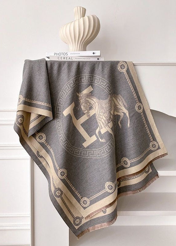 Black & Ivory Equestrian Print Faux Cashmere Scarf with Fringe