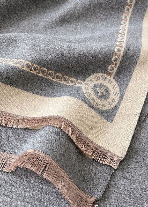 Black & Ivory Equestrian Print Faux Cashmere Scarf with Fringe