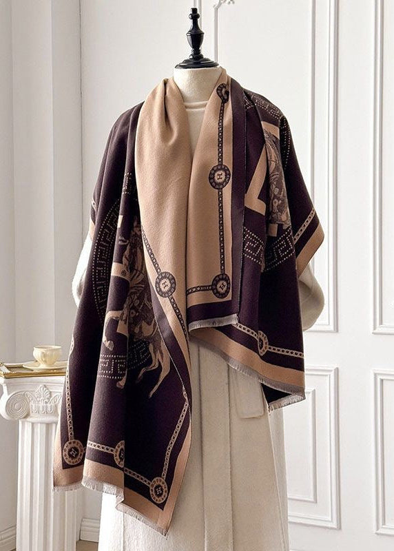 Black & Ivory Equestrian Print Faux Cashmere Scarf with Fringe