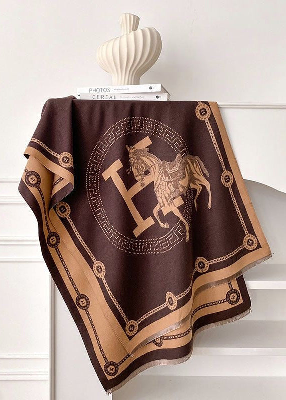 Black & Ivory Equestrian Print Faux Cashmere Scarf with Fringe