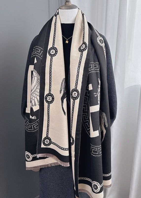 Black & Ivory Equestrian Print Faux Cashmere Scarf with Fringe