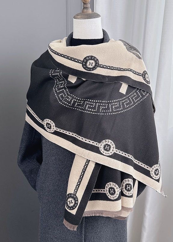 Black & Ivory Equestrian Print Faux Cashmere Scarf with Fringe