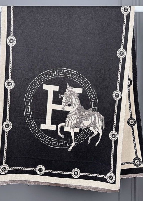 Black & Ivory Equestrian Print Faux Cashmere Scarf with Fringe