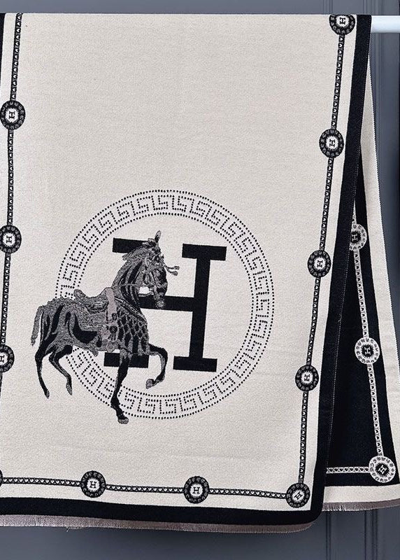 Black & Ivory Equestrian Print Faux Cashmere Scarf with Fringe