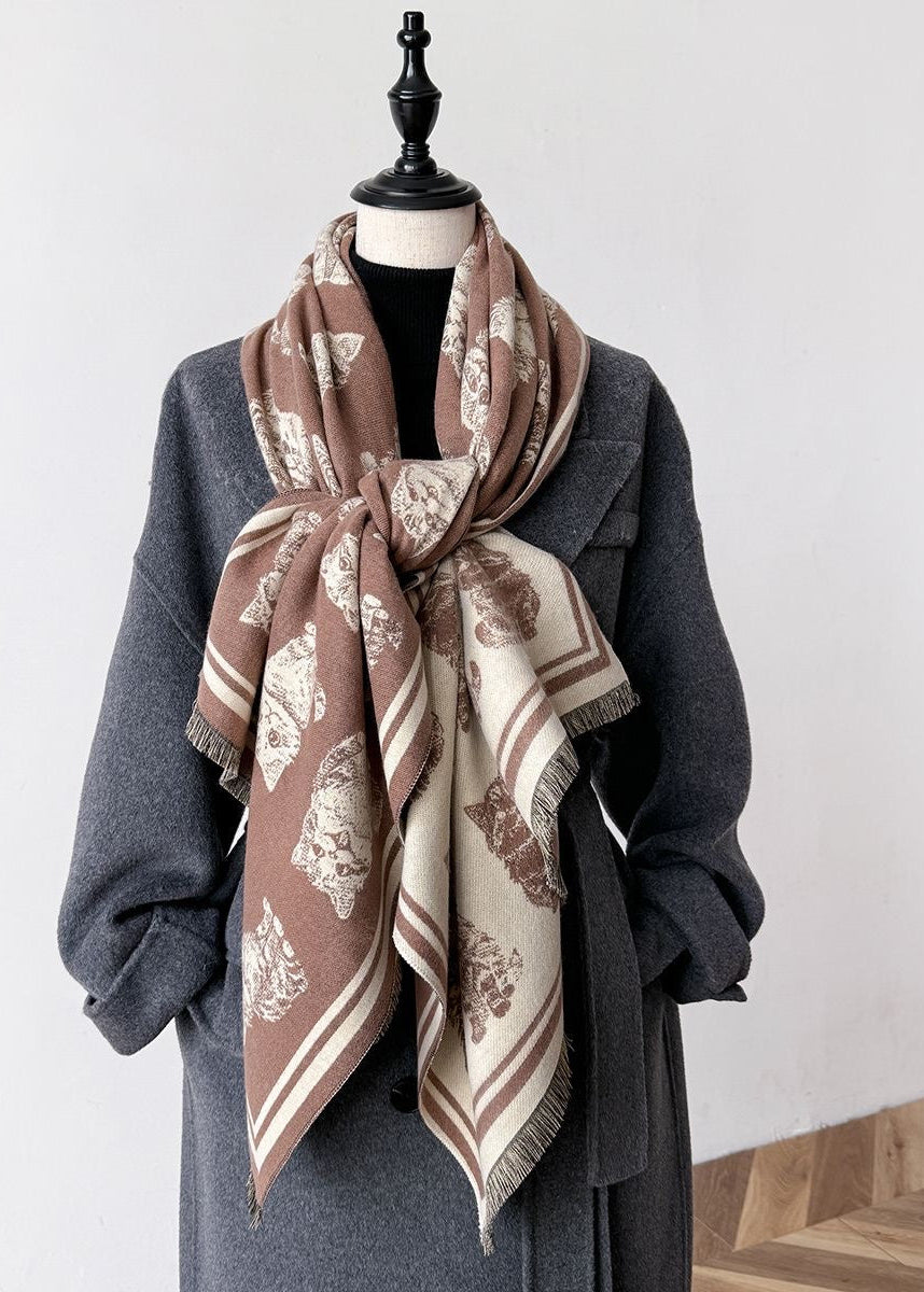 Reversible Cat Print Faux Cashmere Scarf with Fringe
