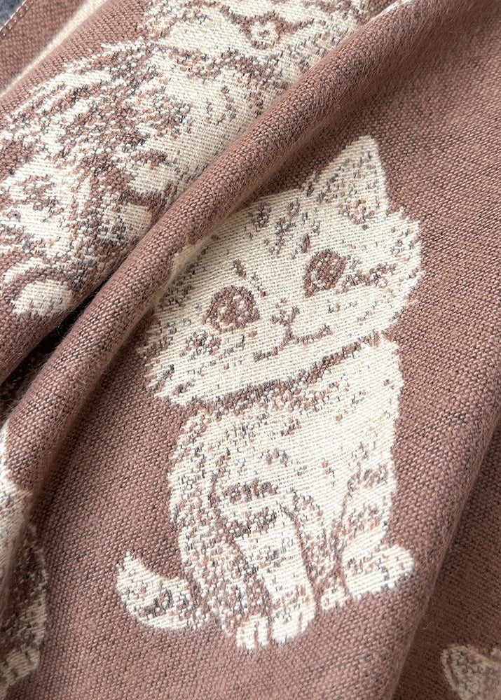 Reversible Cat Print Faux Cashmere Scarf with Fringe