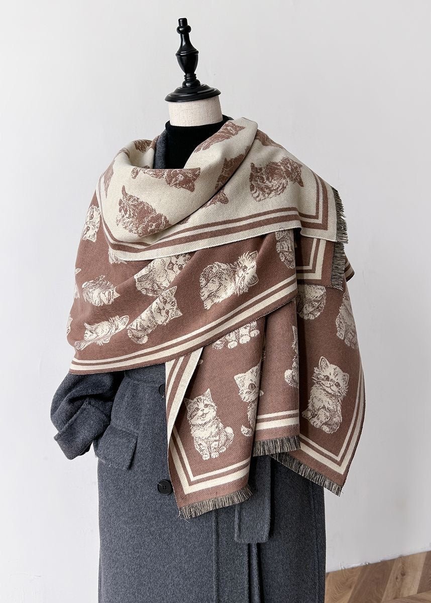 Reversible Cat Print Faux Cashmere Scarf with Fringe