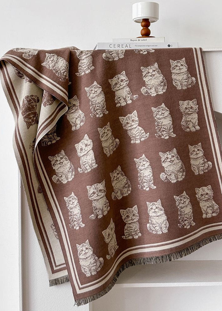 Reversible Cat Print Faux Cashmere Scarf with Fringe