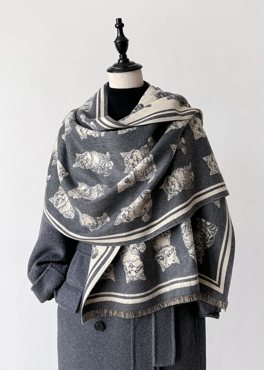Reversible Cat Print Faux Cashmere Scarf with Fringe