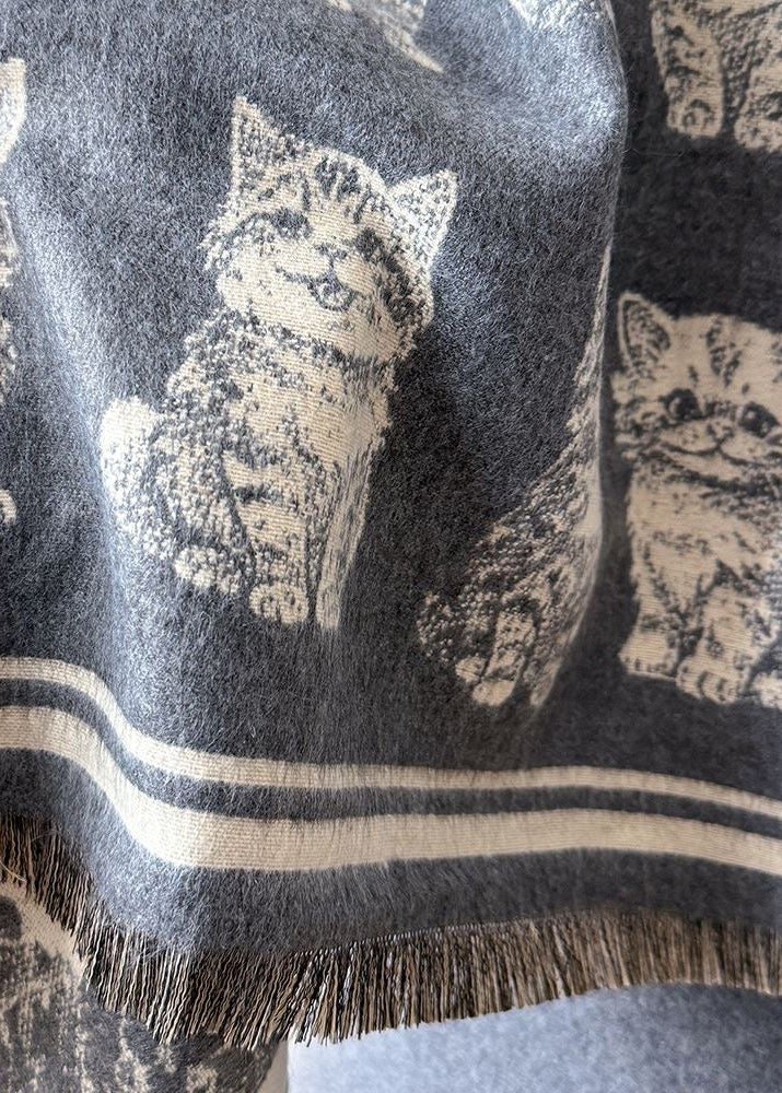 Reversible Cat Print Faux Cashmere Scarf with Fringe