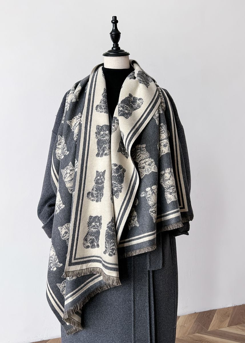 Reversible Cat Print Faux Cashmere Scarf with Fringe