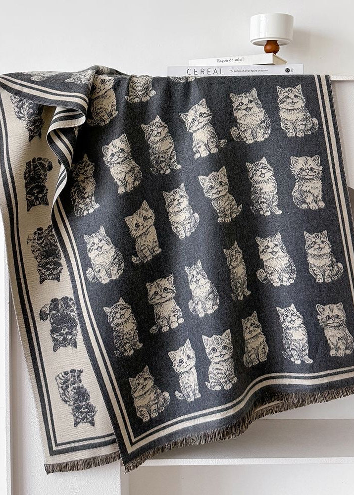 Reversible Cat Print Faux Cashmere Scarf with Fringe