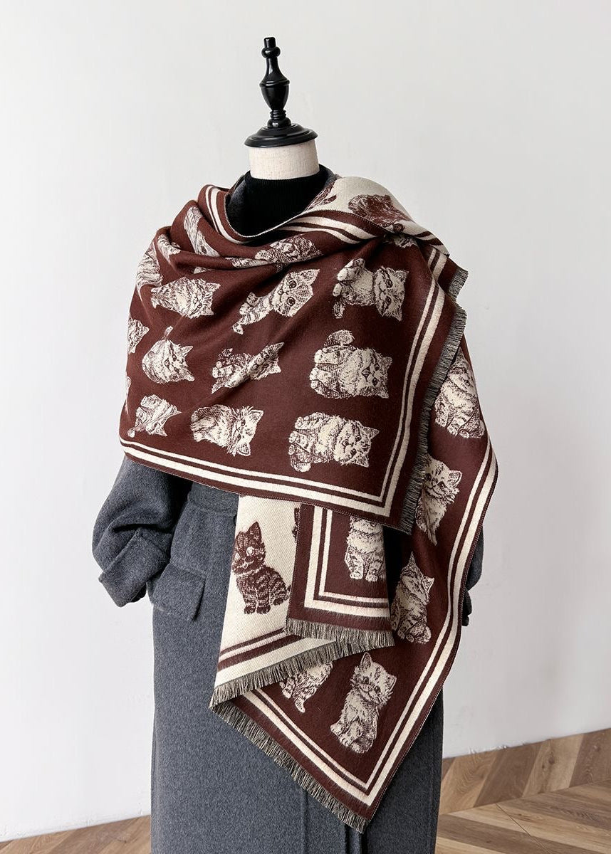 Reversible Cat Print Faux Cashmere Scarf with Fringe