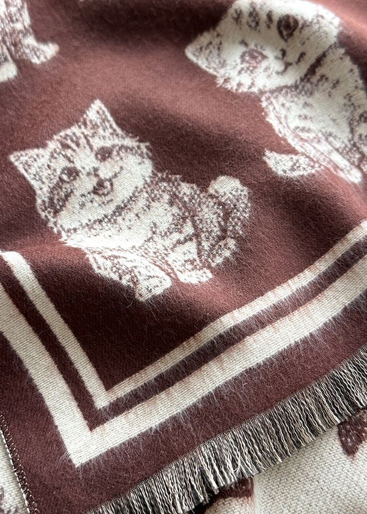 Reversible Cat Print Faux Cashmere Scarf with Fringe