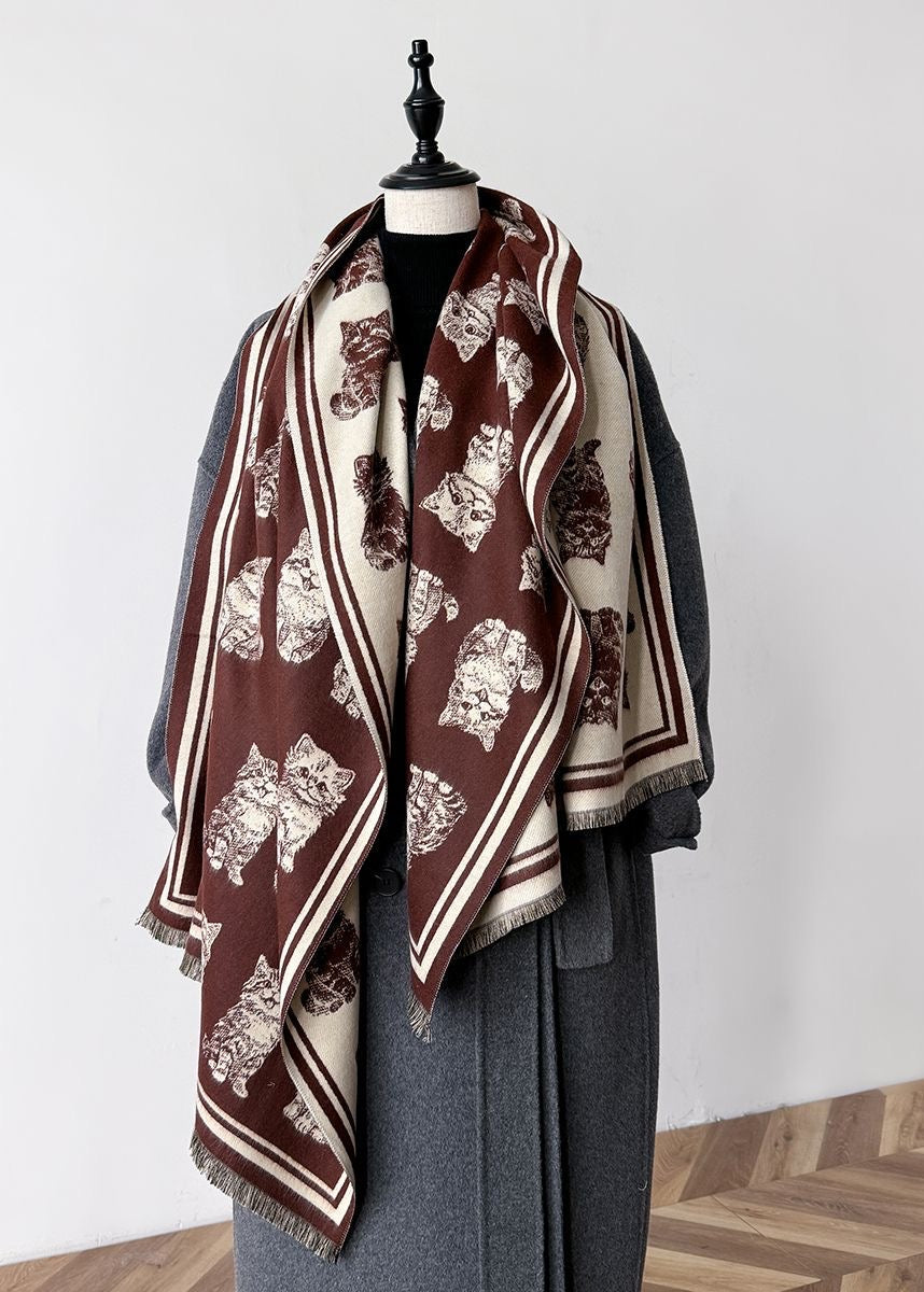 Reversible Cat Print Faux Cashmere Scarf with Fringe