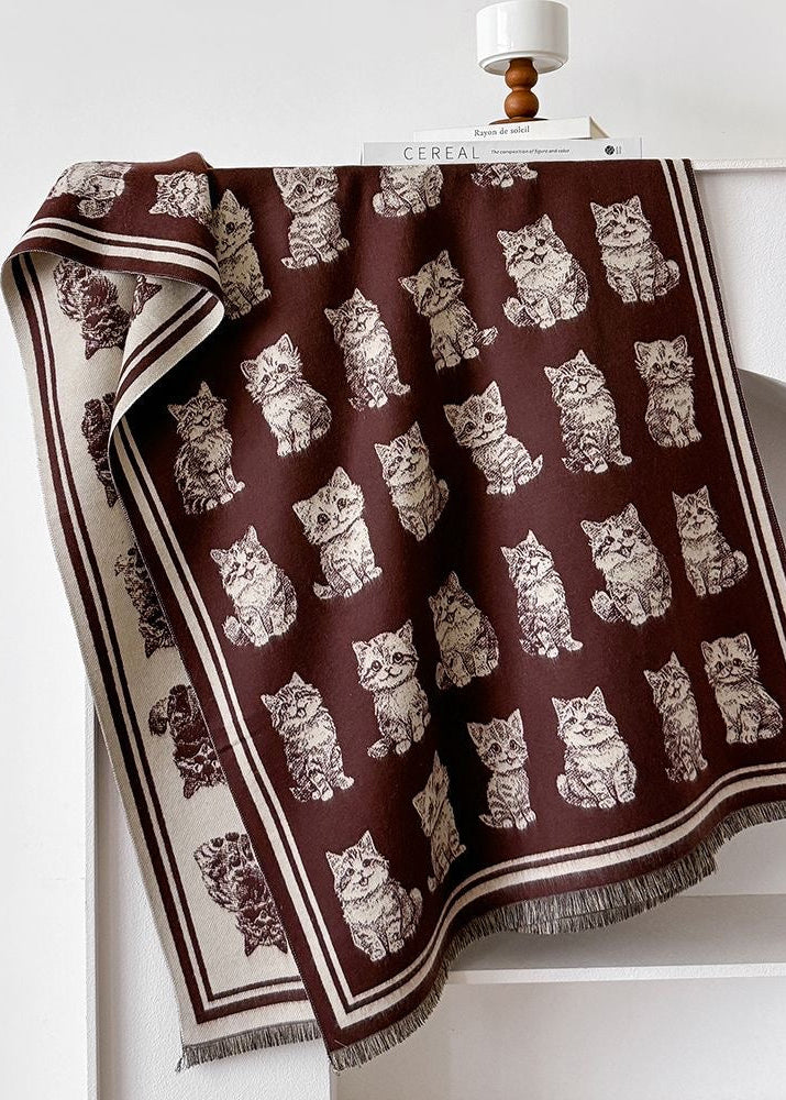 Reversible Cat Print Faux Cashmere Scarf with Fringe