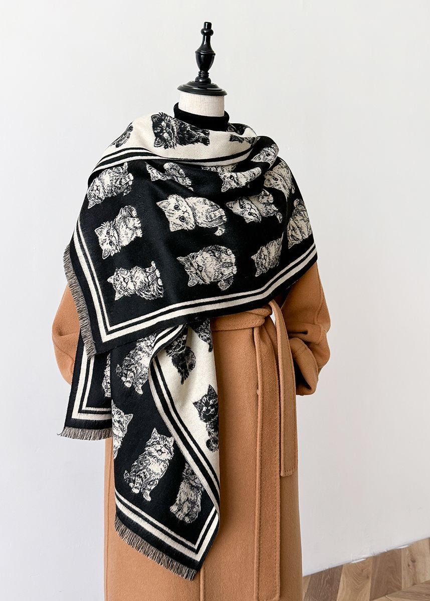Reversible Cat Print Faux Cashmere Scarf with Fringe