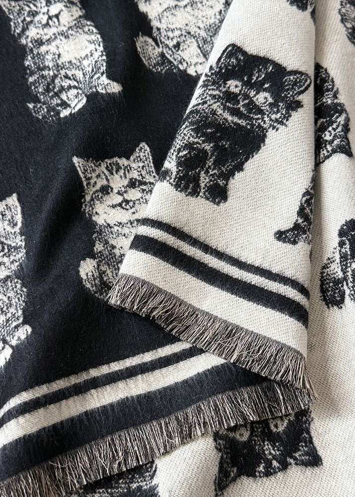 Reversible Cat Print Faux Cashmere Scarf with Fringe