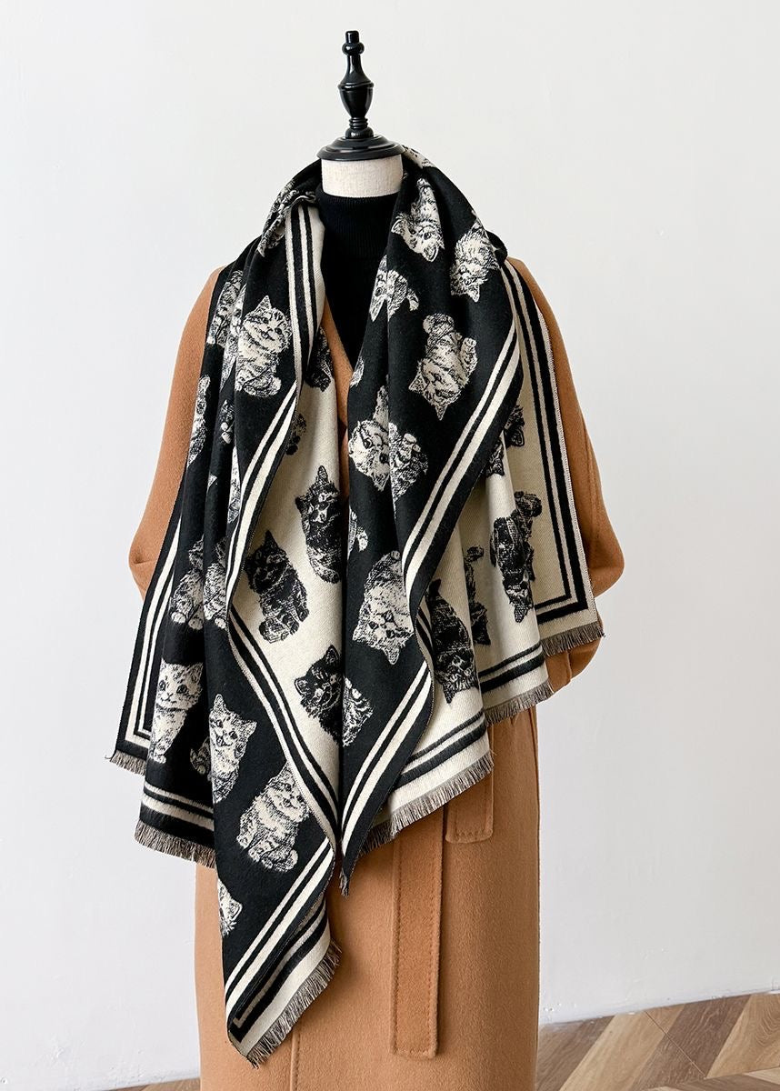 Reversible Cat Print Faux Cashmere Scarf with Fringe
