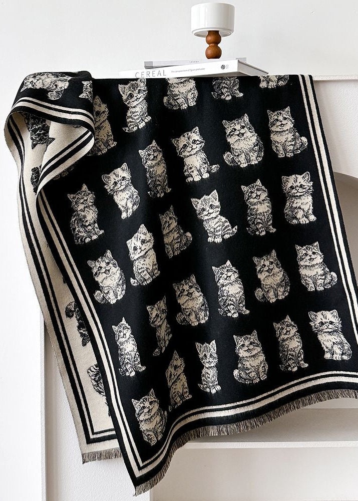 Reversible Cat Print Faux Cashmere Scarf with Fringe