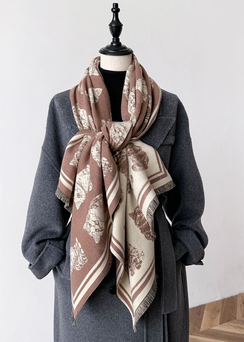 Reversible Cat Print Faux Cashmere Scarf with Fringe